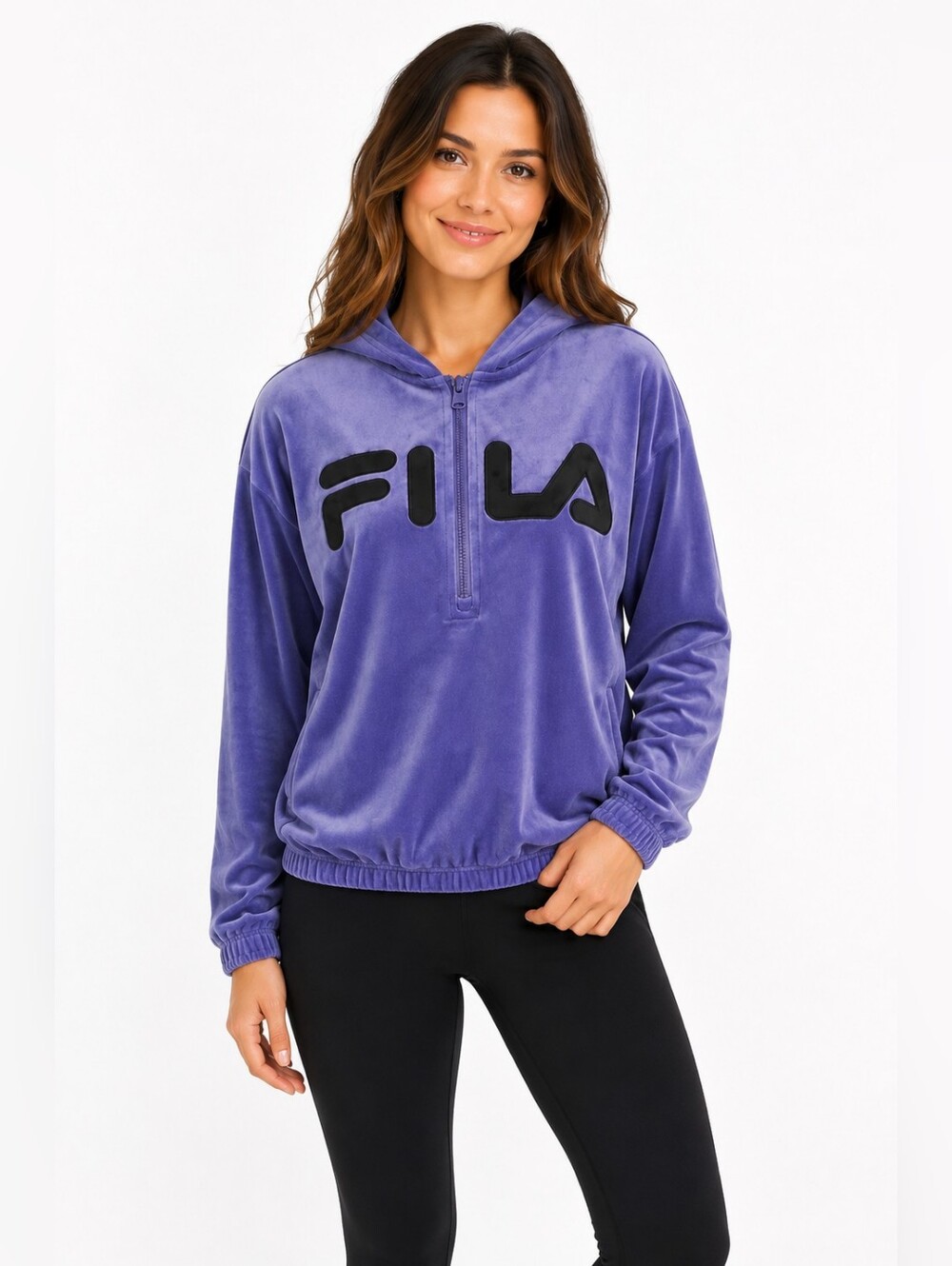 FILA Velvet Quarter Zip Hoodie Purple Logo NWT Small Athleisure